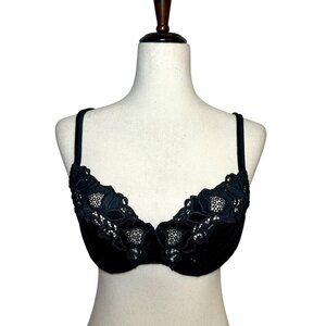 NWT Vintage Y2K Victoria’s Secret Black Lace Underwire Bra 36C Sexy Floral–Appli